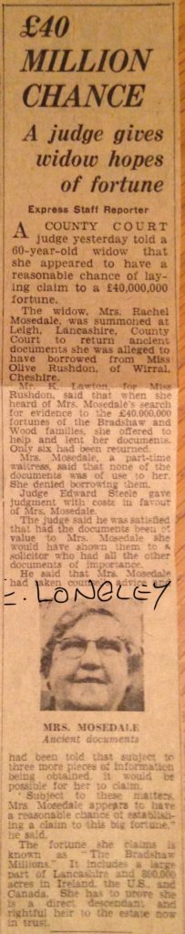 Cutting from Express newspaper about Bradshaw Millions
