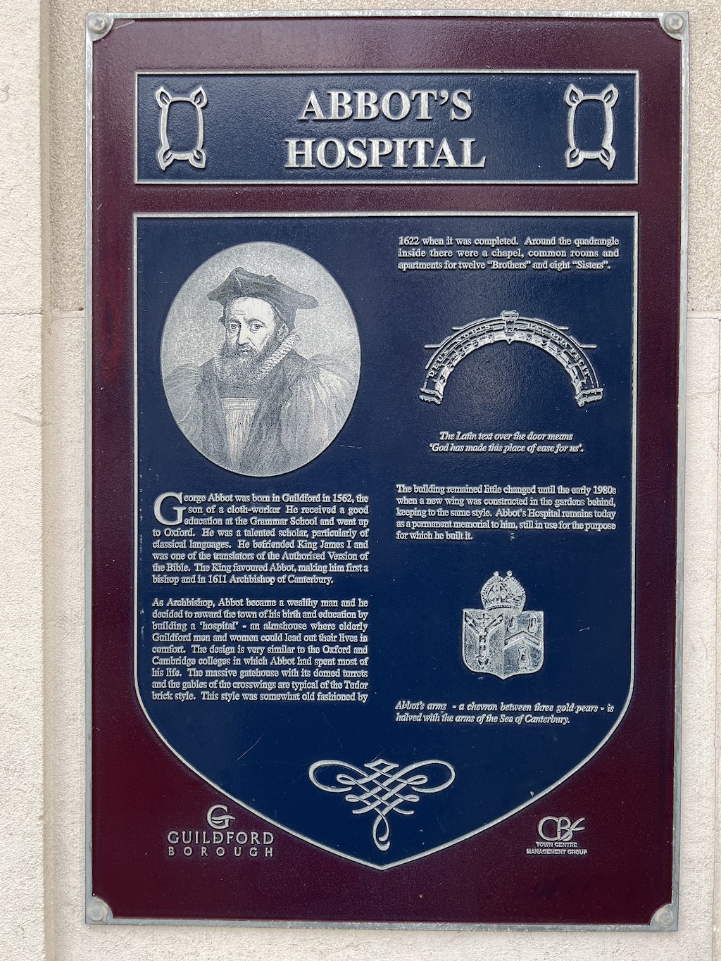 Blue plaque in Guildford for Abbot's Hospital