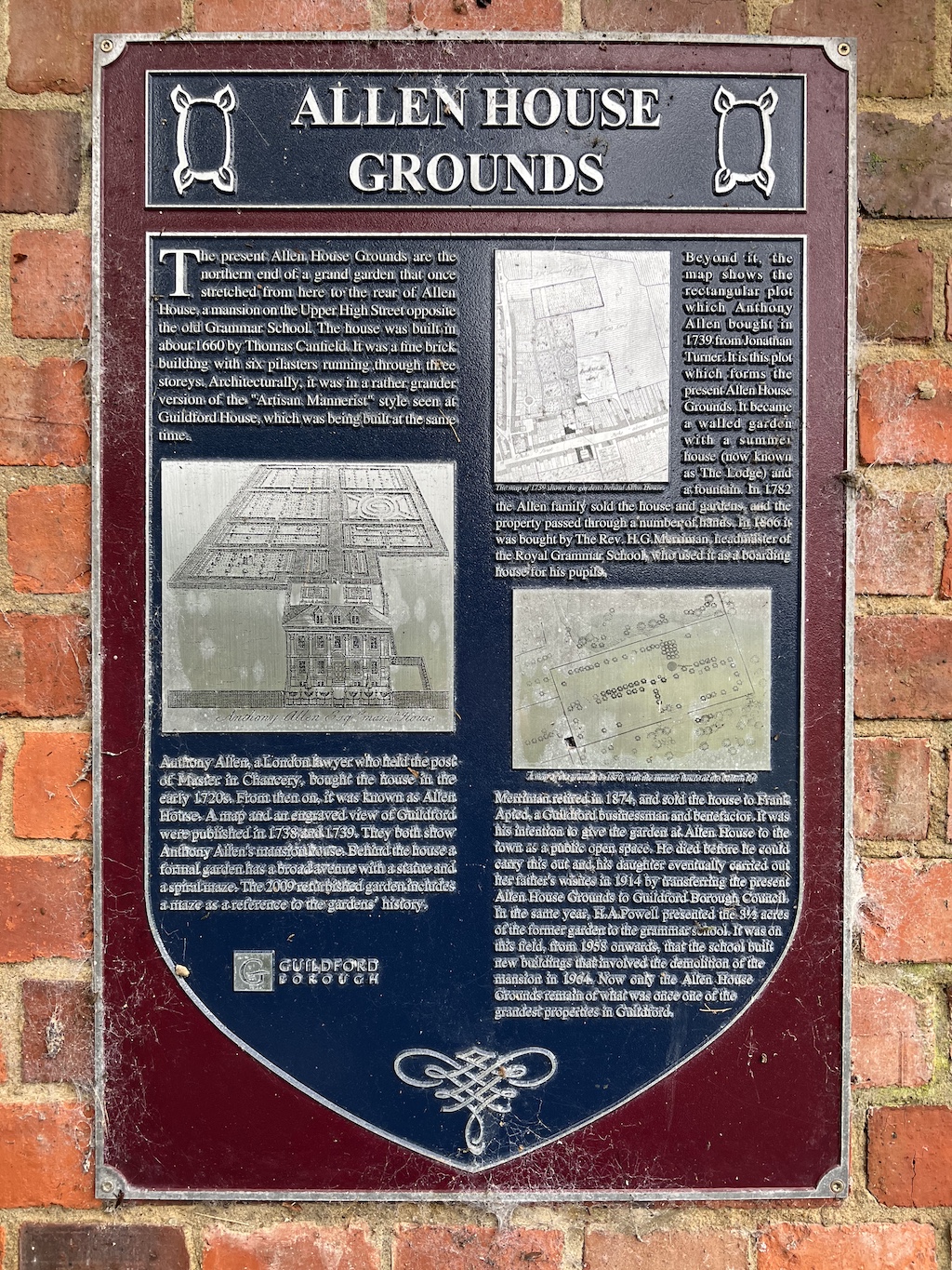 Blue plaque in Guildford for Allen House Grounds