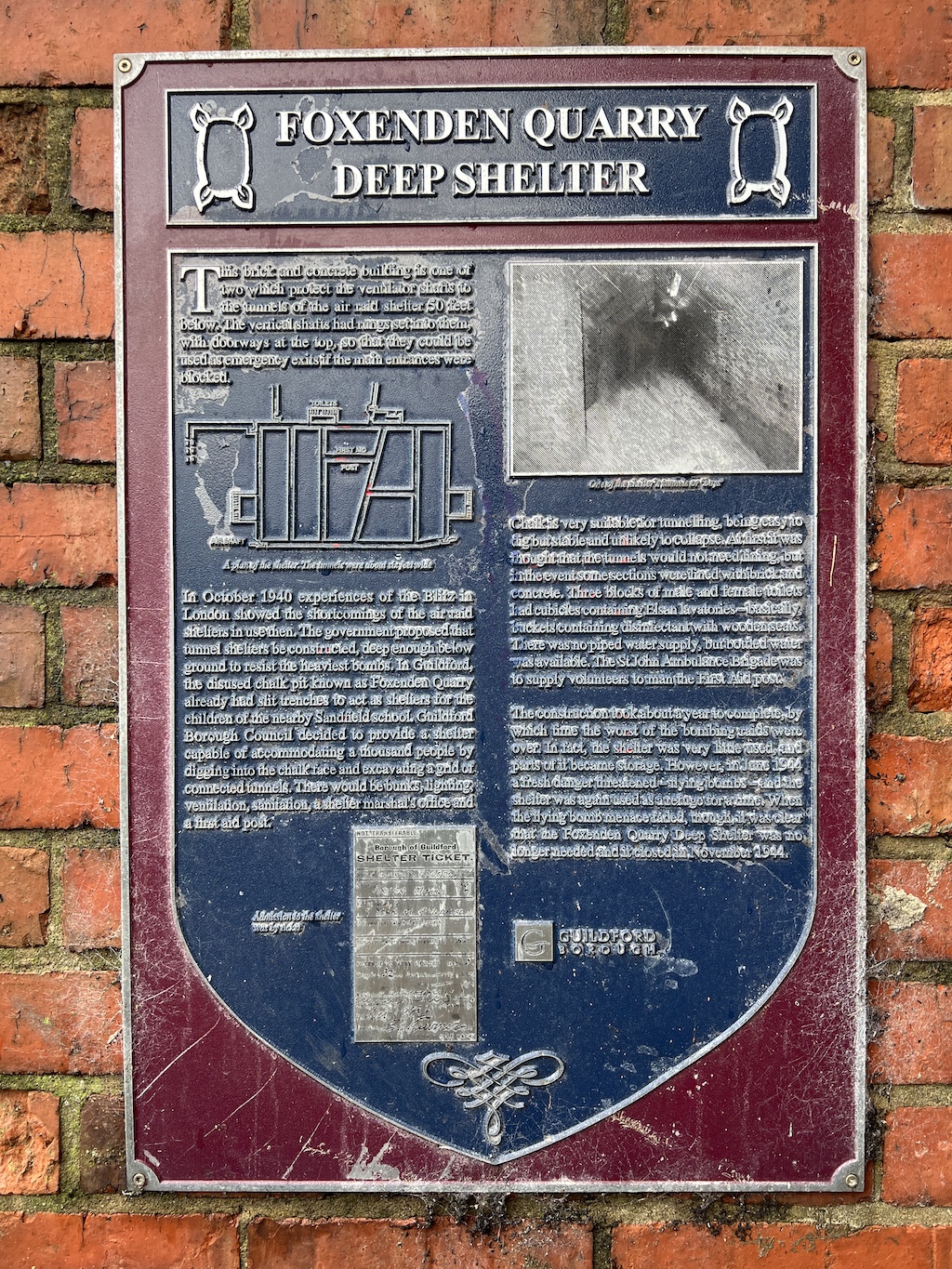 Blue plaque in Guildford for Foxenden Quarry Deep Shelter