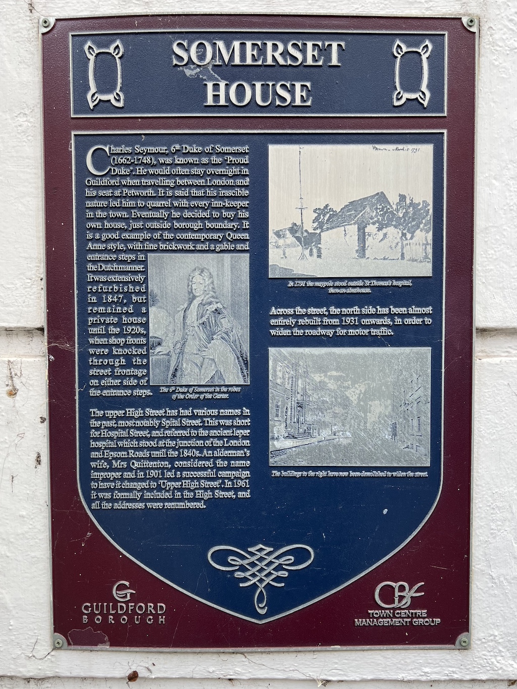 Blue plaque in Guildford for Somerset House